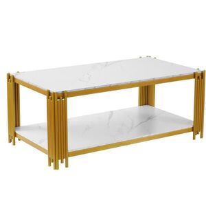 STILVORA KONFERENČNÍ STŮL v bílo-zlaté barvě s kovovými nohami, do obývacího pokoje, 140 × 64 × 46 cm obraz