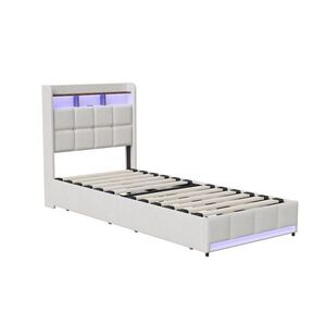 SHOPENTRA ČALOUNĚNÁ postel 90×200cm béžová, len, 2 zásuvky, USB, LED obraz