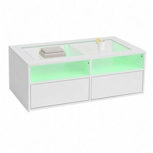 STILVORA KONFERENČNÍ STŮL v bílé barvě s LED osvětlením, skleněnou deskou, 2 zásuvkami a otevřeným úložným prostorem, 100 × 50 × 35 cm obraz
