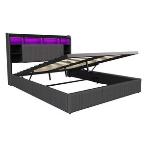 SHOPENTRA MODERNÍ ČALOUNĚNÁ POSTEL 160x200 cm s úložným prostorem, LED RGB a integrovanou nabíjecí stanicí – tmavě šedý lněný materiál obraz