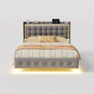 SHOPENTRA MANŽELSKÁ postel 160x200 šedý samet, RGB-LED, USB, čelo s knoflíky obraz