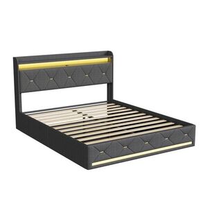 SHOPENTRA POSTEL s boxspringem 160x200, šedý lněný materiál, hydraulický úložný prostor, LED obraz