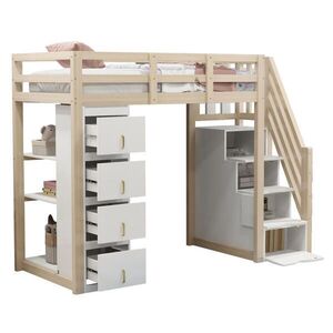STILVORA HOCHBETT 90/200 cm in Natur mit 4 Schubladen, Regal und Sicherheitsleiter obraz