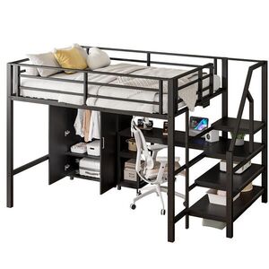 STILVORA HOCHBETT 140/200 cm in Schwarz mit Kleiderschrank, Regalen und Schreibtisch obraz