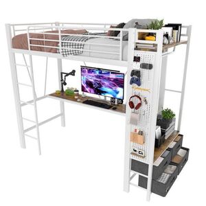 FLIEKS VYVÝŠENÁ POSTEL 90x200cm Kov Stůl Zásuvky LED Bílá obraz