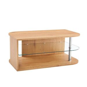 Modfu KONFERENČNÍ stolek z MDF a skla 100x60x42 cm v přírodním dekoru se 2 odkládacími plochami a zaoblenými hranami obraz