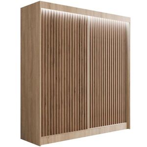 ALTDECOR ŠATNÍ SKŘÍŇ s LED, lamelovými posuvnými dveřmi VILANv2 – 200 cm Sonoma dub + Sonoma dub + lamely z dubu wotan obraz