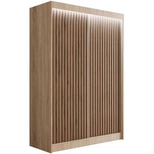 ALTDECOR ŠATNÍ SKŘÍŇ s LED osvětlením, lamelovými posuvnými dveřmi VILANv2 – 150 cm Sonoma dub + Sonoma dub + lamely z dubu wotan obraz