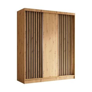 ALTDECOR ŠATNÍ SKŘÍŇ s dýhovanými posuvnými dveřmi a hliníkovými lamelami – LABELO – 180 cm Artisan+Artisan+černá obraz