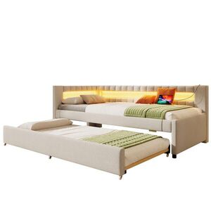FLIEKS DENNÍ POSTEL 90x200cm LED Rozkládací USB Len Béžová obraz
