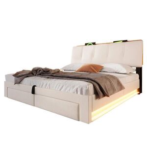 FLIEKS ČALOUNĚNÁ POSTEL 140x200cm Úložná LED USB-C Len Béžová obraz