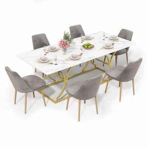 STILVORA JÍDELNÍ STŮL bílý a zlatý s deskou v mramorovém vzhledu pro 8–10 osob, 200 × 80 × 76 cm obraz