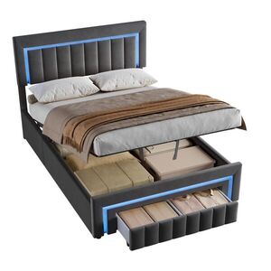 Redom ČALOUNĚNÁ postel 140x190 cm s hydraulickým lůžkovým boxem, zásuvkou s kolečky, LED osvětlením, Šedá obraz