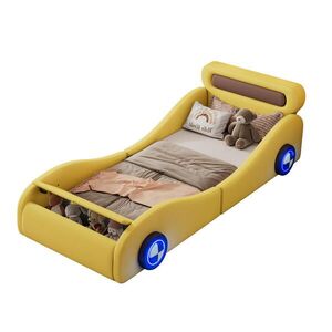 OKWISH DĚTSKÁ čalouněná postel 90/200 cm žlutá z PU s osvětlenými koly a úložným prostorem obraz