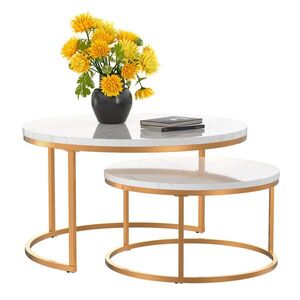 OKWISH KULATÁ sada dvou konferenčních stolků bílá a zlatá s pevným železným rámem a deskou MDF 80/80/45 + 60/60/33, 5 cm obraz