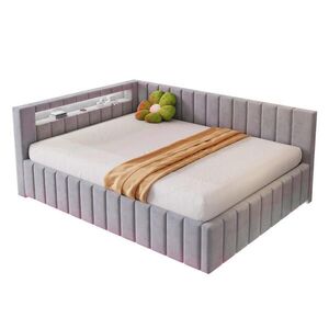 WISHDOR ČALOUNĚNÁ POSTEL 140x200 cm ve Světle Šedém Sametu s Úložným Boxem, LED a USB obraz