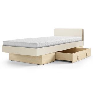 Beautysofa POSTEL Sorella 90 × 200 cm s lamelovým roštem a úložnou zásuvkou, s matrací 26 cm, macadamia + dub Mavelie obraz