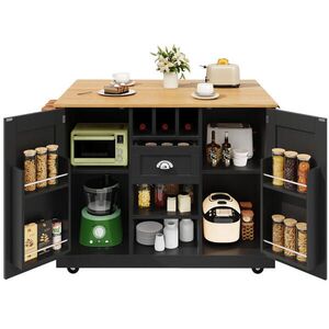 OKWISH KUCHYŇSKÝ ostrůvek 140/70/93, 5 cm černý z MDF s výklopnou deskou, koly a držákem na ručníky obraz