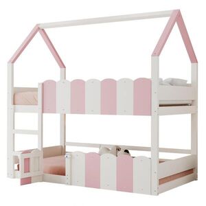 OKWISH DĚTSKÁ palanda 90/200 cm s designem domečku a bezpečnostním zábradlím v růžové a bílé barvě obraz