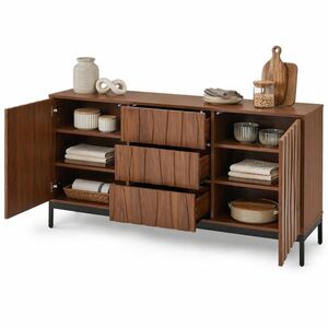 STILVORA KUCHYŇSKÁ SKŘÍŇ přírodní/černá v retro stylu Mid-Century, 3 zásuvky, velký úložný prostor, 150×40×80 cm obraz