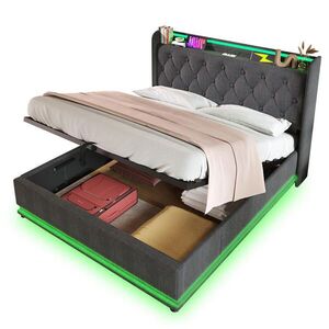 WISHDOR ČALOUNĚNÁ POSTEL 140 × 200 cm v šedém lnu s úložným prostorem, LED osvětlením a USB/USB-C obraz