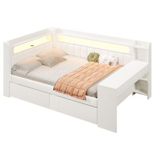 Redom ČALOUNĚNÁ postel 140/200 cm s LED osvětlením, USB, psacím stolem a 2 zásuvkami, Bílá obraz