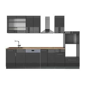 Vicco KUCHYŇSKÝ KOUT Fame-Line Antracitový vysoký lesk 300 cm s vysokou skříní, PD Dub obraz