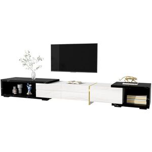 Modfu TV stolek z MDF a dřevotřísky 260x40x30 cm bílý a černý v mramorovém dekoru otočný s úložným prostorem obraz