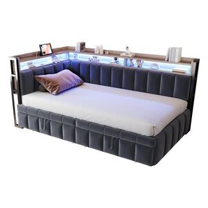 WISHDOR ROZKLÁDACÍ POHOVKA 90 × 200 cm / 90 × 190 cm v tmavě šedém sametu s výsuvným lůžkem, LED osvětlením a USB obraz