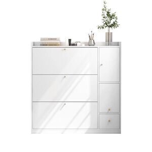 STILVORA SKŘÍŇ NA BOTY v bílé barvě se 3 výklopnými zásuvkami, lavicí a úložným prostorem do předsíně 119x24x122 cm obraz