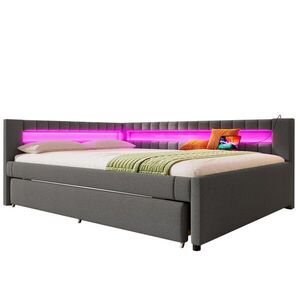 WISHDOR ROZKLÁDACÍ POHOVKA 140/200 cm & 90/190 cm v šedé lněné látce s LED osvětlením, USB a Type-C obraz