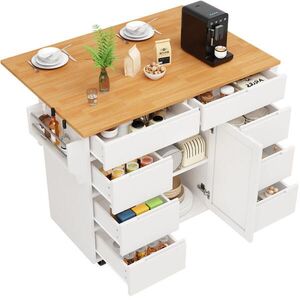 Redom KUCHYŇSKÝ ostrůvek 122/46/91, 5 cm z MDF se sklopnou deskou, 8 zásuvkami a kolečky, Bílá obraz