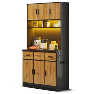 Redom BUFFET 100/40/180 cm s LED osvětlením, zásuvkami a USB porty, úložným prostorem a nastavitelnými policemi, Černá + Přírodní obraz