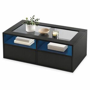 STILVORA KONFERENČNÍ STŮL v černé barvě s LED osvětlením, skleněnou deskou, 2 zásuvkami a otevřeným úložným prostorem, 100 × 50 × 35 cm obraz