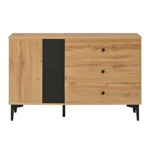 Urban Meuble SIDEBOARD 120 cm přírodní dřevo a černá s dvířky, 3 zásuvkami a kovovými nohami ve skandinávském stylu obraz