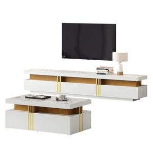 Redom TV sestava 200/40/42 cm s konferenčním stolkem 100/50/40 cm, mramorový dekor a vysoký lesk, Bílá obraz
