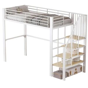 OKWISH VYSOKÁ postel 90/200 cm bílá s úložným prostorem a schody z kovu a dřeva obraz