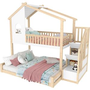 STILVORA PALANDA 90/200 cm & 140/200 cm, přírodní & bílá, s úložným žebříkem, zábranou, domečkový design obraz