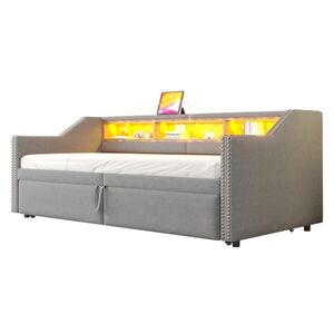 FLIEKS ČALOUNĚNÁ POSTEL, 90/180×200 cm, LED, USB, světle šedá obraz