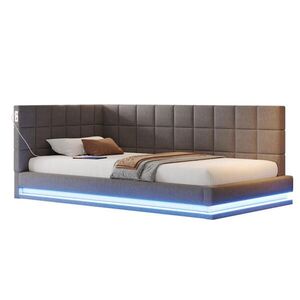 WISHDOR ČALOUNĚNÁ POSTEL 90x200 cm šedá s LED osvětlením a USB portem, lněný vzhled obraz