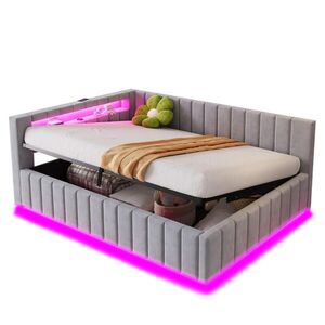 FLIEKS ČALOUNĚNÁ POSTEL, 140×200 cm, sametová, LED, USB, šedá obraz