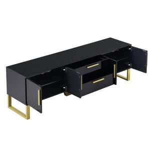 Modfu TV stolek z MDF 170x40x53, 5 cm černý se zlatými detaily, ve vysokém lesku, 4 dvířka a průchodky na kabely obraz