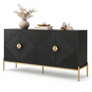STILVORA KUCHYŇSKÁ SKŘÍŇ černá a zlatá, 4 dvířka, kovové úchytky, do obýváku, předsíně a jídelny, 162×40×80 cm obraz