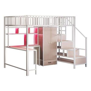 STILVORA HOCHBETT 140/200 cm in Weiß mit Schreibtisch, Kleiderschrank, Schubladen, Regal, LED und USB Metall obraz