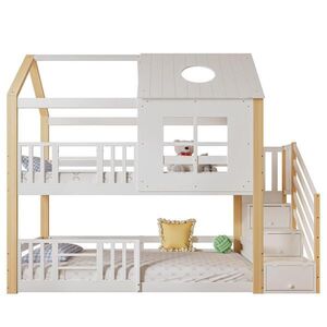 STILVORA ETAGENBETT 90/200 cm & 90/200 cm in Weiß & Natur Kinderbett mit Aufbewahrungstreppe und Fallschutzgitter obraz