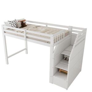 STILVORA HOCHBETT 90/200 cm in Weiß Kinderbett mit Stauraumtreppe und Geländer obraz