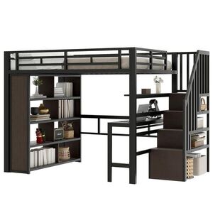 STILVORA HOCHBETT 140/200 cm in Schwarz mit Schreibtisch, Regal, Stauraumtreppe und LED Metall modern obraz
