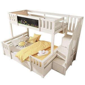 STILVORA ETAGENBETT 90/200 cm & 140/200 cm in Weiß mit Schubladen, Stauraumtreppe und Kreidetafel obraz