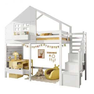 STILVORA ETAGENBETT 90/200 cm in Weiß Kinderbett mit Stauraumtreppe, Regal und Fenster Massivholz Hausdesign obraz