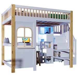 STILVORA HOCHBETT 140/200 cm in Weiß & Natur mit LED, Ablageleiter und Schreibtisch obraz
